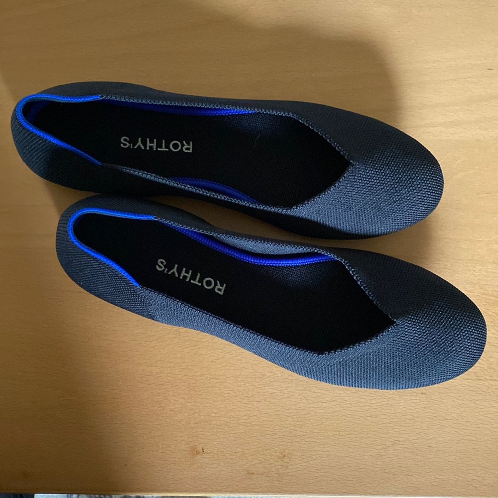 Rothy's Black Knit Ballet Flats with Bright Blue Trim